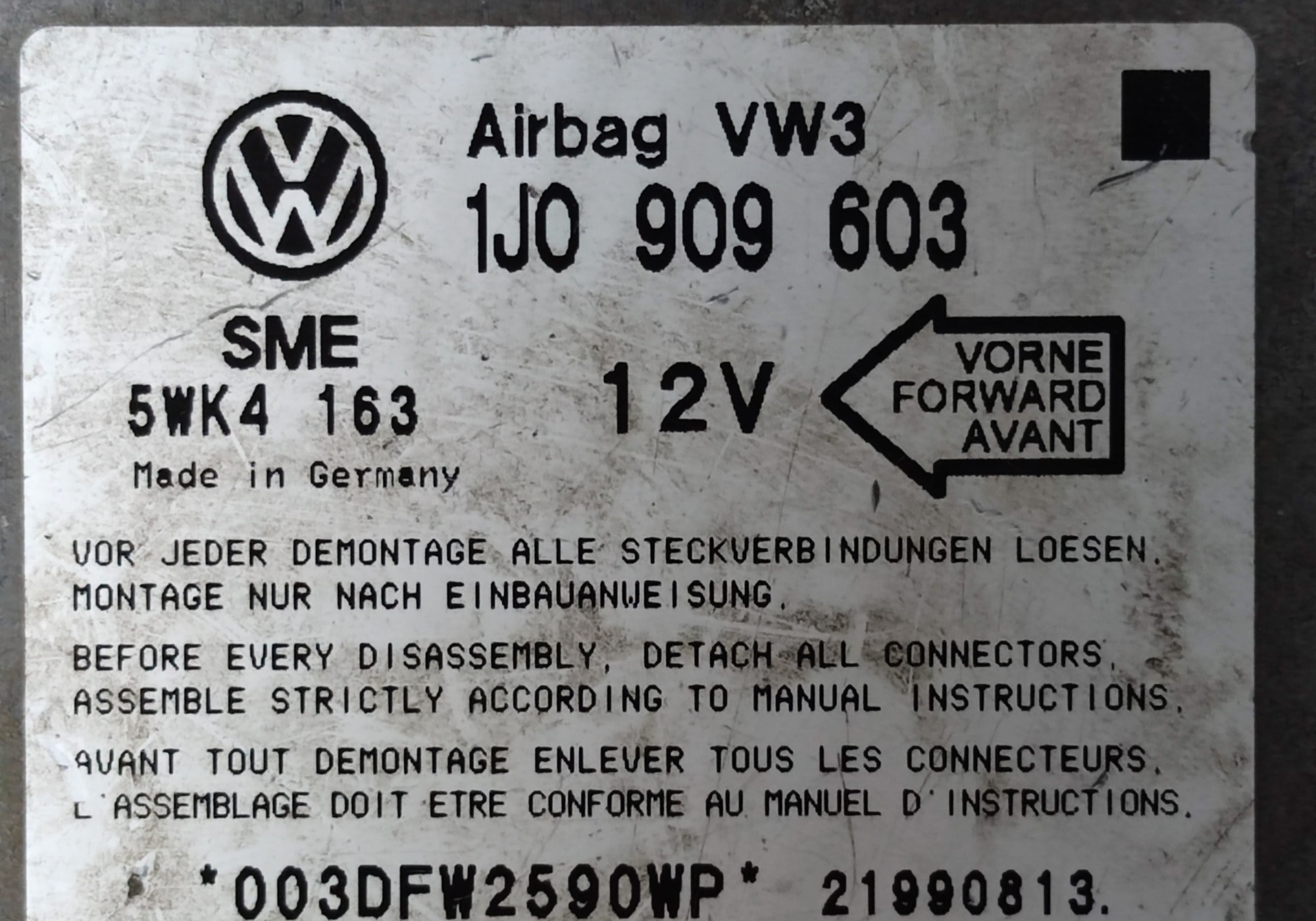 1J0909603 Блок управления подушками безопасности для Volkswagen Golf IV (с 1998 по 2006)